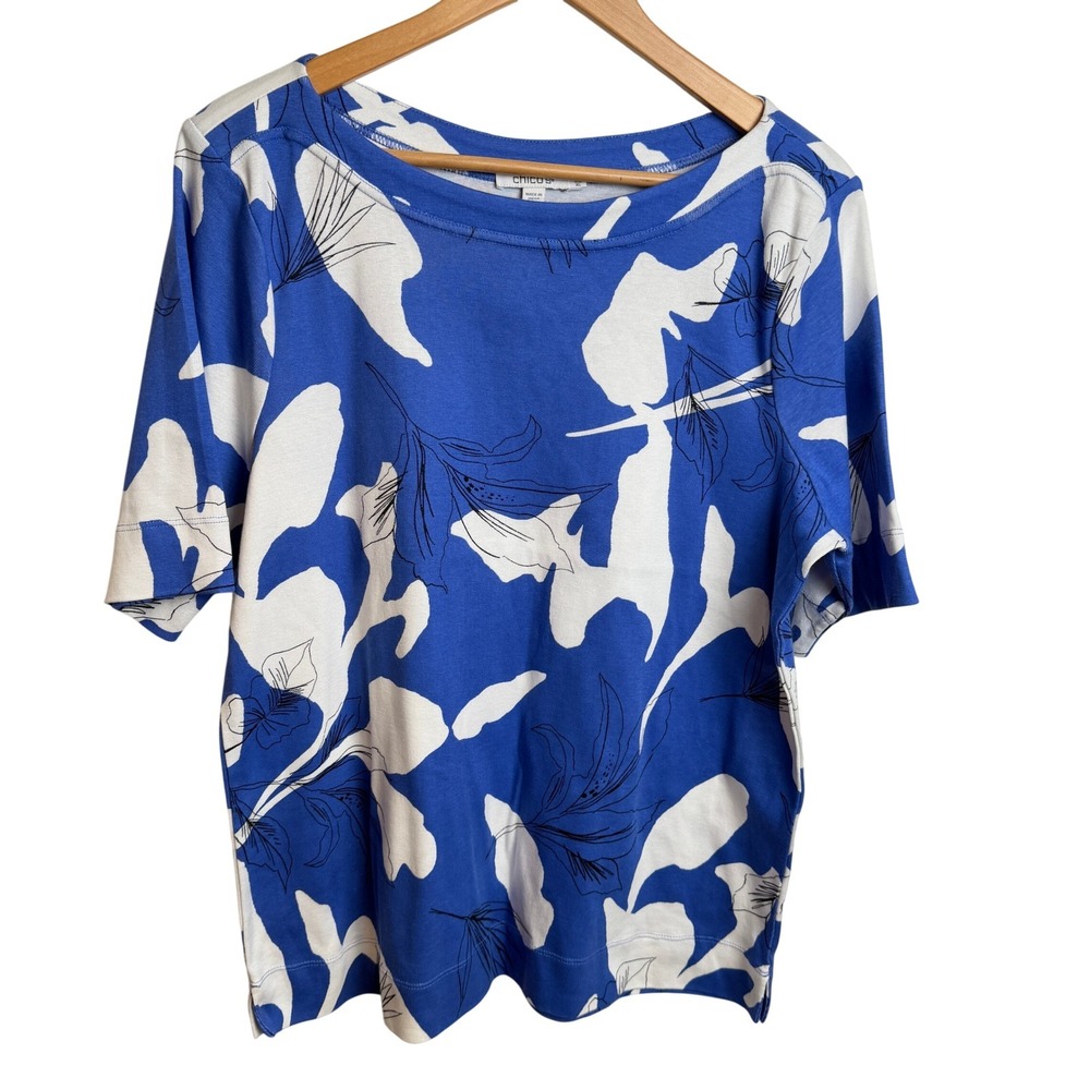 Chico's Womens Pima Cotton Floral Boatneck Top XL Blue Coastal Vacation Weekend